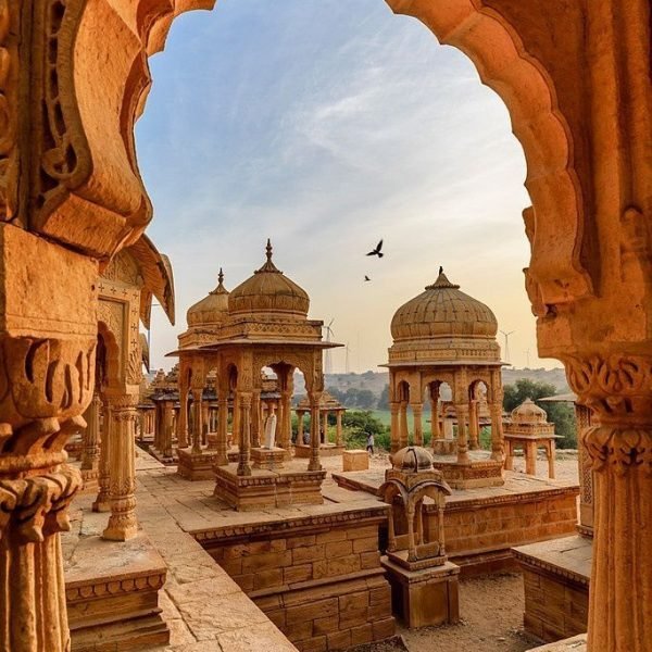 India, Rajasthan, Jaisalmer, Vyas Chhatri royal tombs at sunset